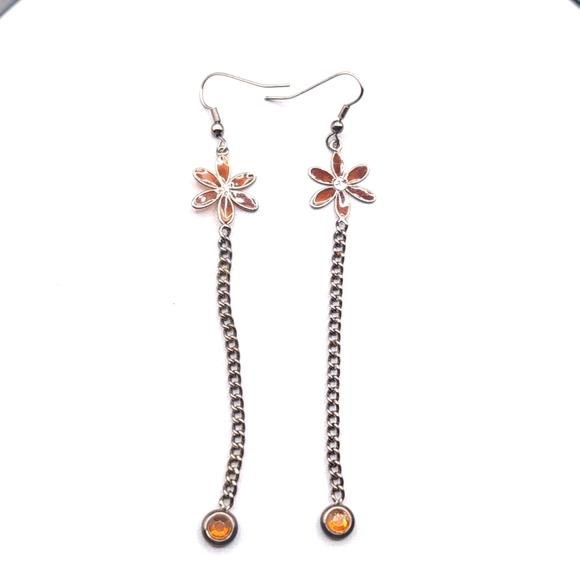 Silver Toned Long Drop Dangle Hook Earrings With Brown Tinted Glass Flower Focus - Picture 1 of 7